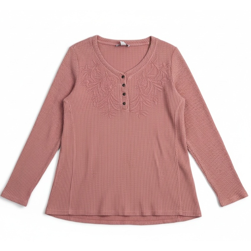 NEW Coldwater Creek Womens Pink Waffle Knit Embroidered Floral Henley Top Size M